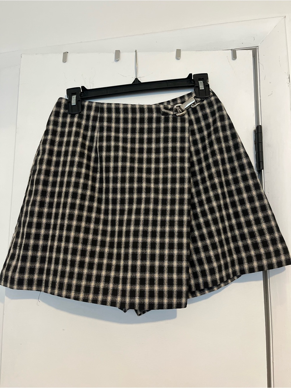 Plaid Mini Skort with Buckle Detail - Black & Cream